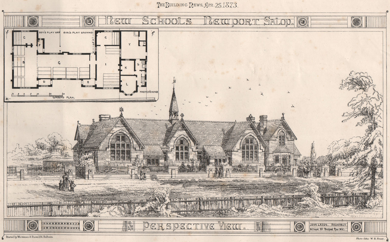 New schools, Newport, Shropshire; perspective view; John Ladds Architect 1873
